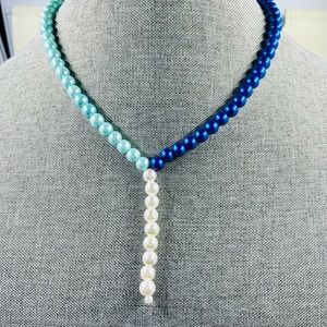 Royal blue, light blue and white glass pearl “Y” necklace